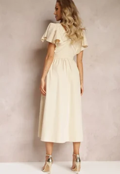 Beżowa Taliowana Sukienka Maxi z Falbanami Giftis