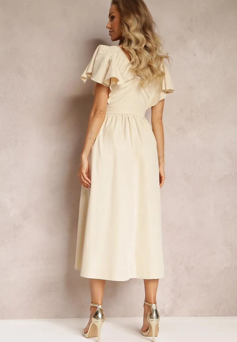 Beżowa Taliowana Sukienka Maxi z Falbanami Giftis