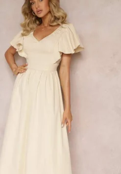 Beżowa Taliowana Sukienka Maxi z Falbanami Giftis