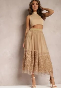 Beżowa Tiulowa Spódnica Maxi z Gumką w Talii Nadelyn