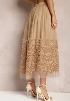 Beżowa Tiulowa Spódnica Maxi z Gumką w Talii Nadelyn