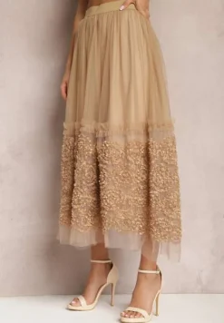 Beżowa Tiulowa Spódnica Maxi z Gumką w Talii Nadelyn