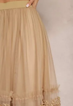 Beżowa Tiulowa Spódnica Maxi z Gumką w Talii Nadelyn