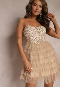 Beżowa Tiulowa Sukienka Mini o Rozkloszowanym Fasonie z Cyrkoniami Klonore