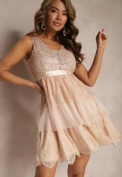 Beżowa Tiulowa Sukienka Mini z Cekinami Jophiela