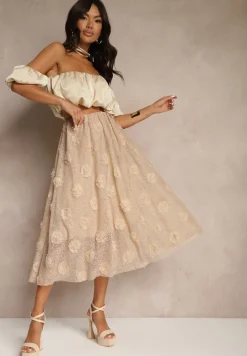 Beżowa Tłoczona Spódnica o Rozkloszowanym Kroju z Gumką w Pasie Folunetta