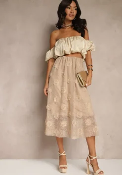 Beżowa Tłoczona Spódnica o Rozkloszowanym Kroju z Gumką w Pasie Folunetta