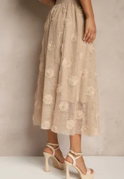 Beżowa Tłoczona Spódnica o Rozkloszowanym Kroju z Gumką w Pasie Folunetta