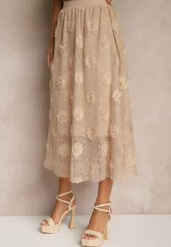 Beżowa Tłoczona Spódnica o Rozkloszowanym Kroju z Gumką w Pasie Folunetta