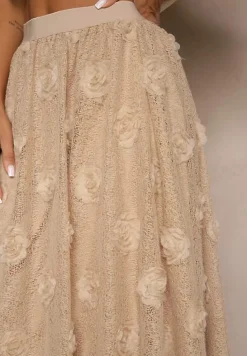 Beżowa Tłoczona Spódnica o Rozkloszowanym Kroju z Gumką w Pasie Folunetta