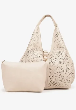 Beżowa Torebka Hobo Zdobiona Ażurową Perforacją z Dodatkową Saszetką Frolana