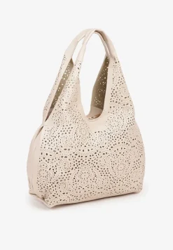 Beżowa Torebka Hobo Zdobiona Ażurową Perforacją z Dodatkową Saszetką Frolana