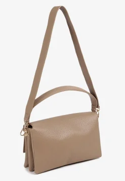 Beżowa Torebka Prostokątna w Stylu Kopertówki z Ozdobnym Zapięciem Paskiem i Rączką Tintelith