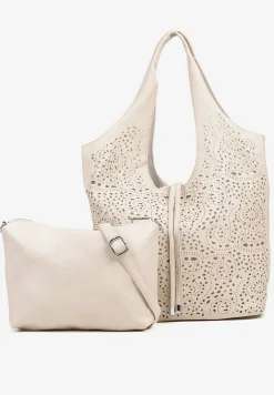 Beżowa Torebka Shopper z Ażurowym Wzorem i Dodatkową Saszetką Merabella