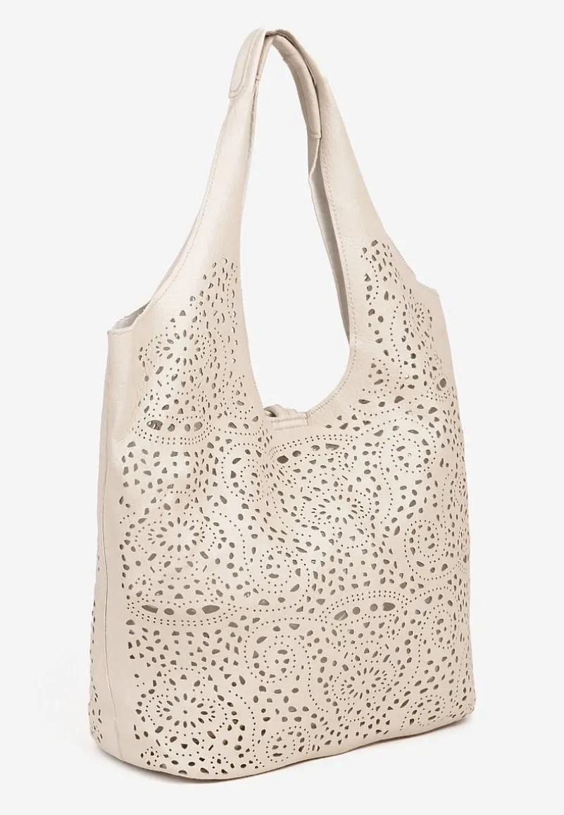 Beżowa Torebka Shopper z Ażurowym Wzorem i Dodatkową Saszetką Merabella