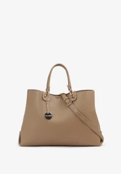 Beżowa Torebka Shopperka z Ozdobnym Breloczkiem z Rączkami i Paskiem na Ramię Sagiona
