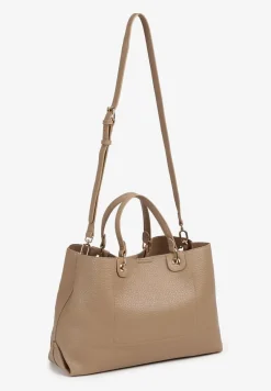 Beżowa Torebka Shopperka z Ozdobnym Breloczkiem z Rączkami i Paskiem na Ramię Sagiona