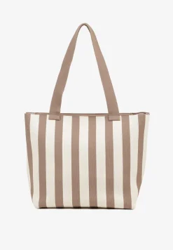 Beżowa Torebka Shopperka z Suwakiem w Paski Saloniela