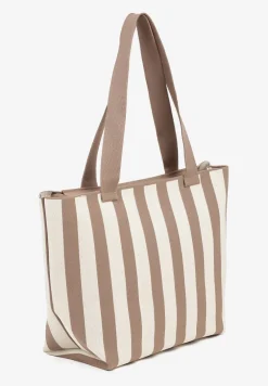 Beżowa Torebka Shopperka z Suwakiem w Paski Saloniela