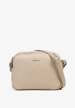 Beżowa Torebka Trzykomorowa Typu Listonoszka Ozdobiona Napisem Redemara