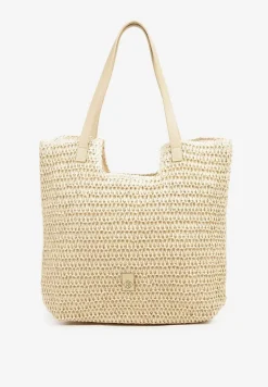 Beżowa Torebka Typu Shopperka z Plecionki Feliswela