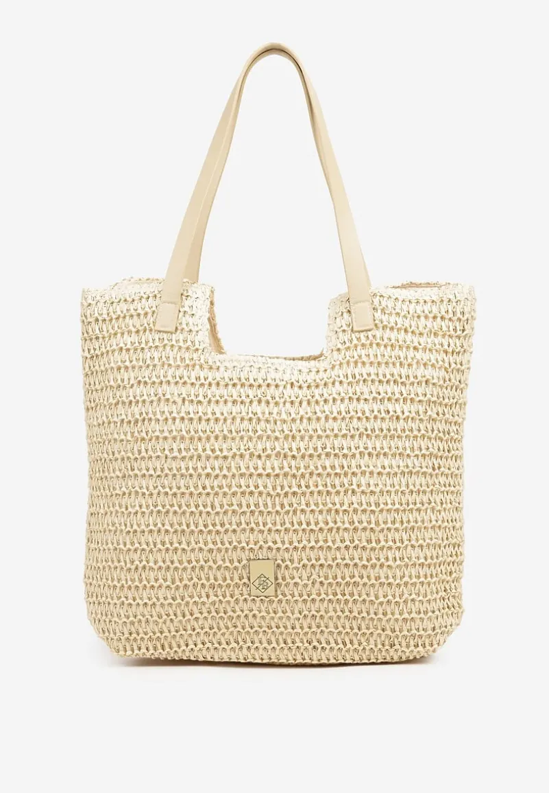 Beżowa Torebka Typu Shopperka z Plecionki Feliswela
