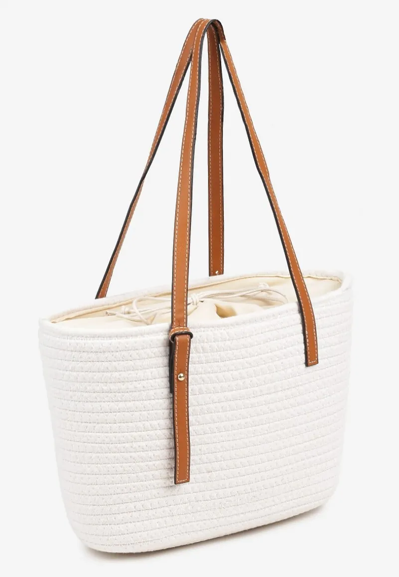 Beżowa Torebka Typu Shopperka z Szydełkowego Materiału z Bawełny Saverezae