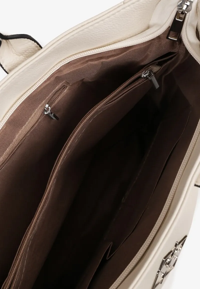 Beżowa Torebka Typu Shopper z Paskiem Crossbody Zdobiona Aplikacją Idaniela