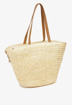 Beżowa Torebka z Plecionego Materiału Zapinana na Zamek Błyskawiaczny Abcolia