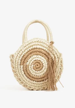 Beżowa Torebka z Plecionki o Okrągłym Kształcie Ozdobiona Frędzlami Solaura