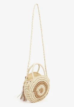 Beżowa Torebka z Plecionki o Okrągłym Kształcie Ozdobiona Frędzlami Solaura