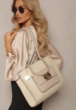 Beżowa Torebka z Podwójną Rączką Naszytą Komorą i Metalowymi Detalami Htirma