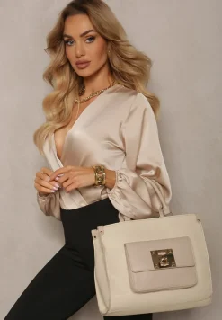 Beżowa Torebka z Podwójną Rączką Naszytą Komorą i Metalowymi Detalami Htirma