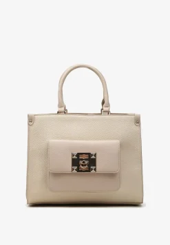 Beżowa Torebka z Podwójną Rączką Naszytą Komorą i Metalowymi Detalami Htirma