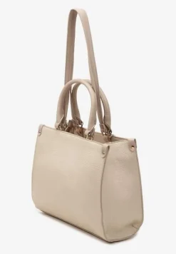 Beżowa Torebka z Podwójną Rączką Naszytą Komorą i Metalowymi Detalami Htirma