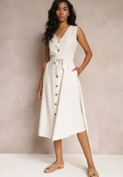Beżowa Trapezowa Sukienka Midi bez Rękawów z Wiązanym Paskiem Ajana
