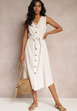 Beżowa Trapezowa Sukienka Midi bez Rękawów z Wiązanym Paskiem Ajana