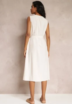 Beżowa Trapezowa Sukienka Midi bez Rękawów z Wiązanym Paskiem Ajana