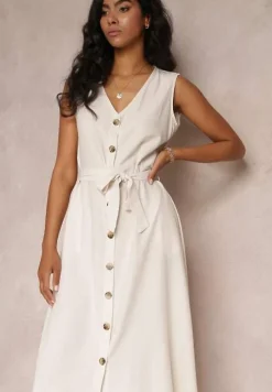 Beżowa Trapezowa Sukienka Midi bez Rękawów z Wiązanym Paskiem Ajana