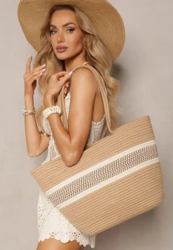 Beżowa Trapezowa Torebka Tote w Plażowym Stylu z Plecionej Bawełny Prociona