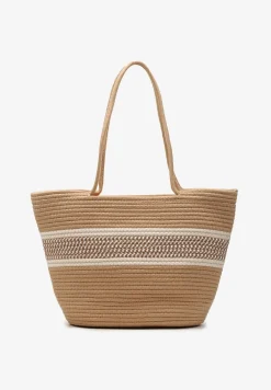 Beżowa Trapezowa Torebka Tote w Plażowym Stylu z Plecionej Bawełny Prociona