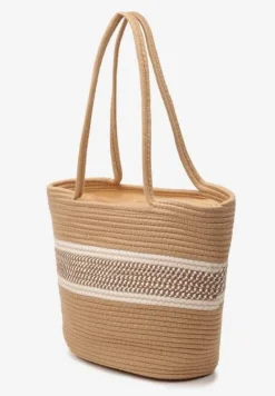 Beżowa Trapezowa Torebka Tote w Plażowym Stylu z Plecionej Bawełny Prociona