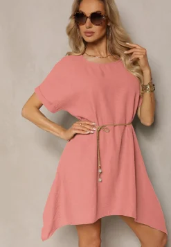 Beżowa Tunika Sukienka z Krótkim Rękawem i Asymetrycznym Wykończeniem Fumiana