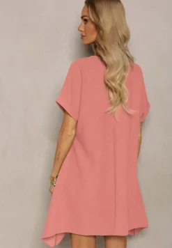 Beżowa Tunika Sukienka z Krótkim Rękawem i Asymetrycznym Wykończeniem Fumiana