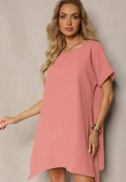 Beżowa Tunika Sukienka z Krótkim Rękawem i Asymetrycznym Wykończeniem Fumiana