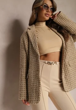 Beżowa Tweedowa Marynarka Jednorzędowa z Ozdobnymi Guzikami Arielitta