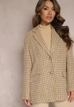 Beżowa Tweedowa Marynarka Jednorzędowa z Ozdobnymi Guzikami Arielitta