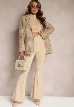 Beżowa Tweedowa Marynarka Jednorzędowa z Ozdobnymi Guzikami Arielitta