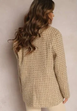 Beżowa Tweedowa Marynarka Jednorzędowa z Ozdobnymi Guzikami Arielitta