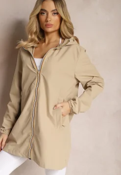 Beżowa Wiatrówka Kurtka z Zapinanymi Kieszeniami i Kapturem Caradsa